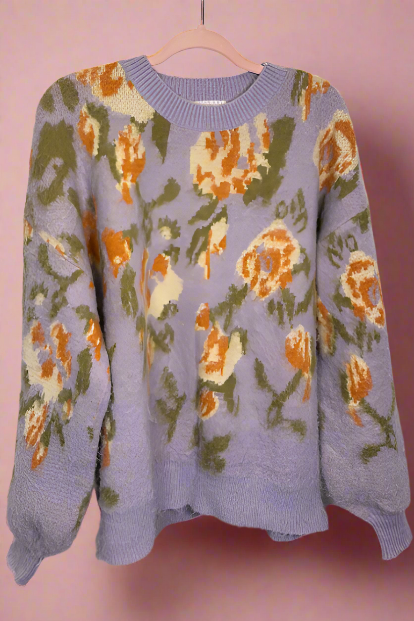Soft Cozy Floral Print Knit Sweater Top