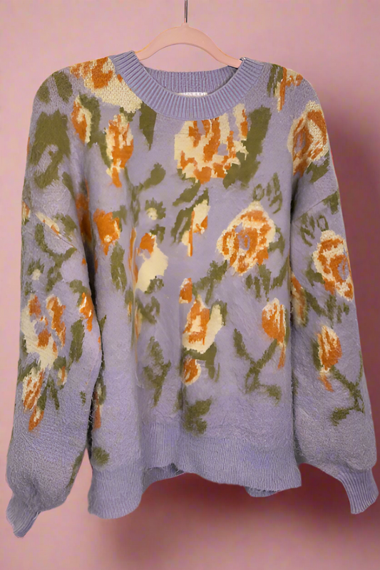 Soft Cozy Floral Print Knit Sweater Top